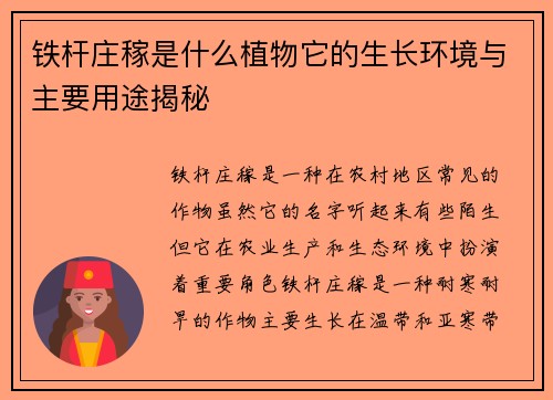 铁杆庄稼是什么植物它的生长环境与主要用途揭秘